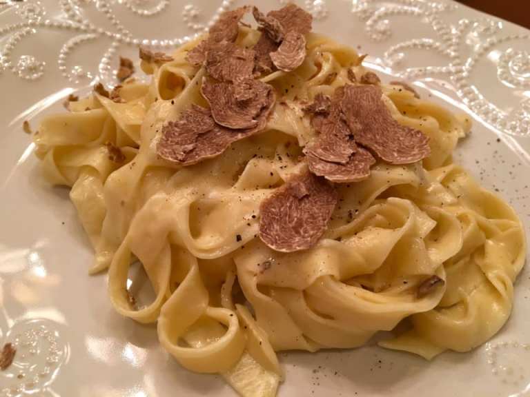 Fettuccine with a wild mushroom and cream sauce, topped with black truffles, from Peter Salerno's upcoming cookbook