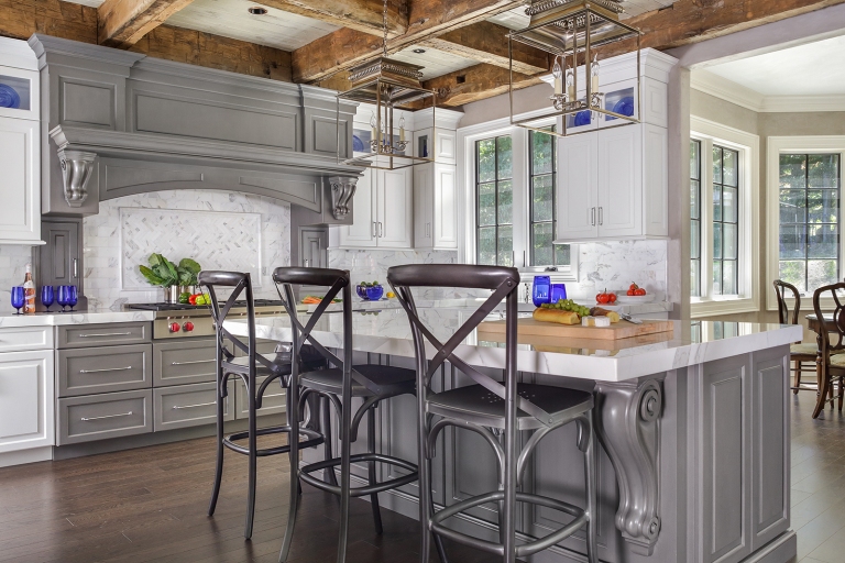 Peter Salerno Inc.'s reclaimed wood beams in transitional kitchen design, 2019.
